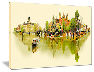 "Amsterdam Panoramic View" Cityscape Watercolor Canvas Print, 40"x30"