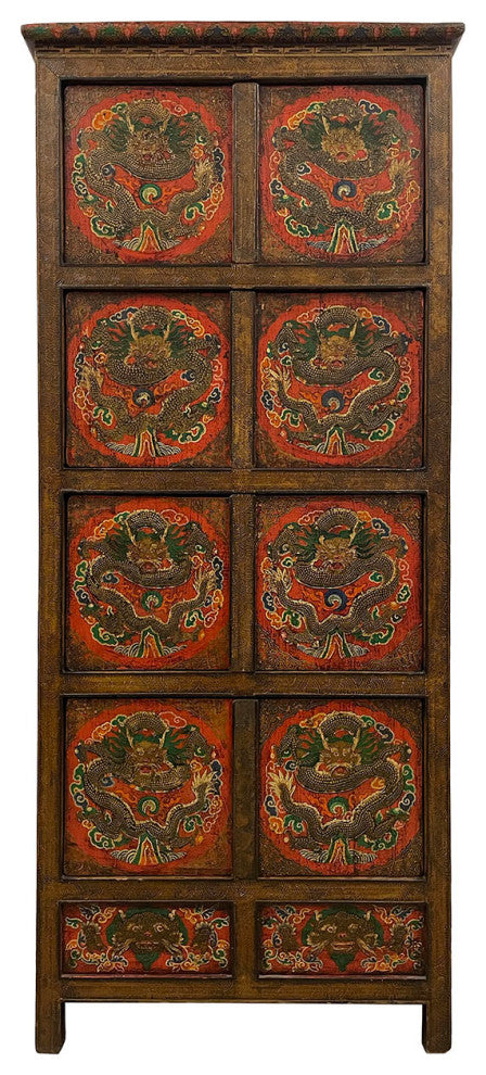 Consigned Antique Tibetan Painted Dragon Tall Cabinet
