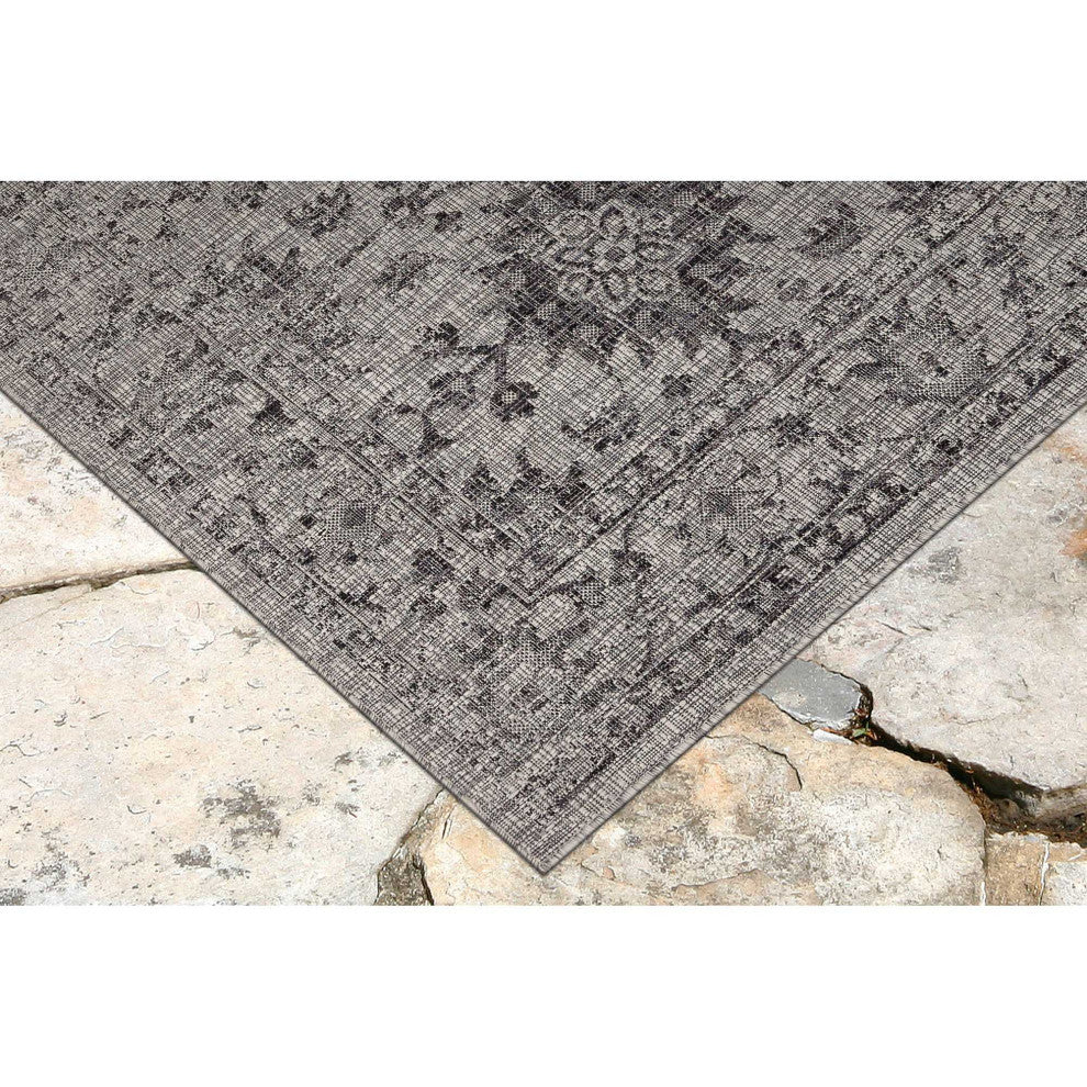 Carmel Vintage Floral Indoor/Outdoor Rug, Black, 1'11"x7'6" Runner