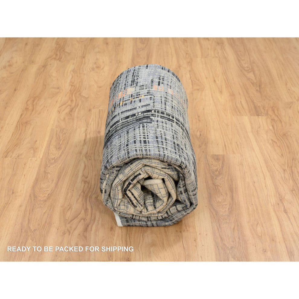 Black and Gray Ghazni Wool and Silk Modern Design Hand Knotted Rug, 8'0"x10'0"