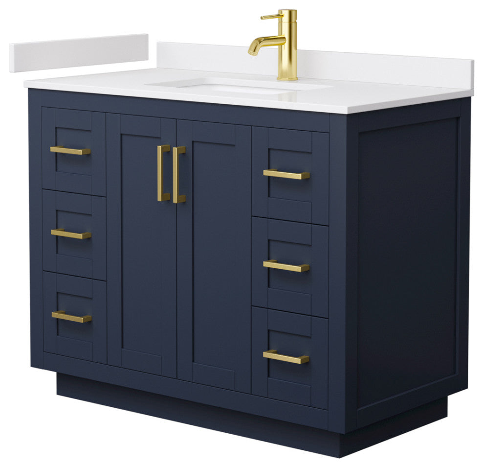 Miranda 42" Dark Blue SGL Vanity, White Cult. Marble Top, Gold Trim