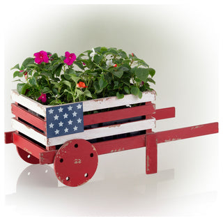 American Flag Wooden Wheel Barrel Planter