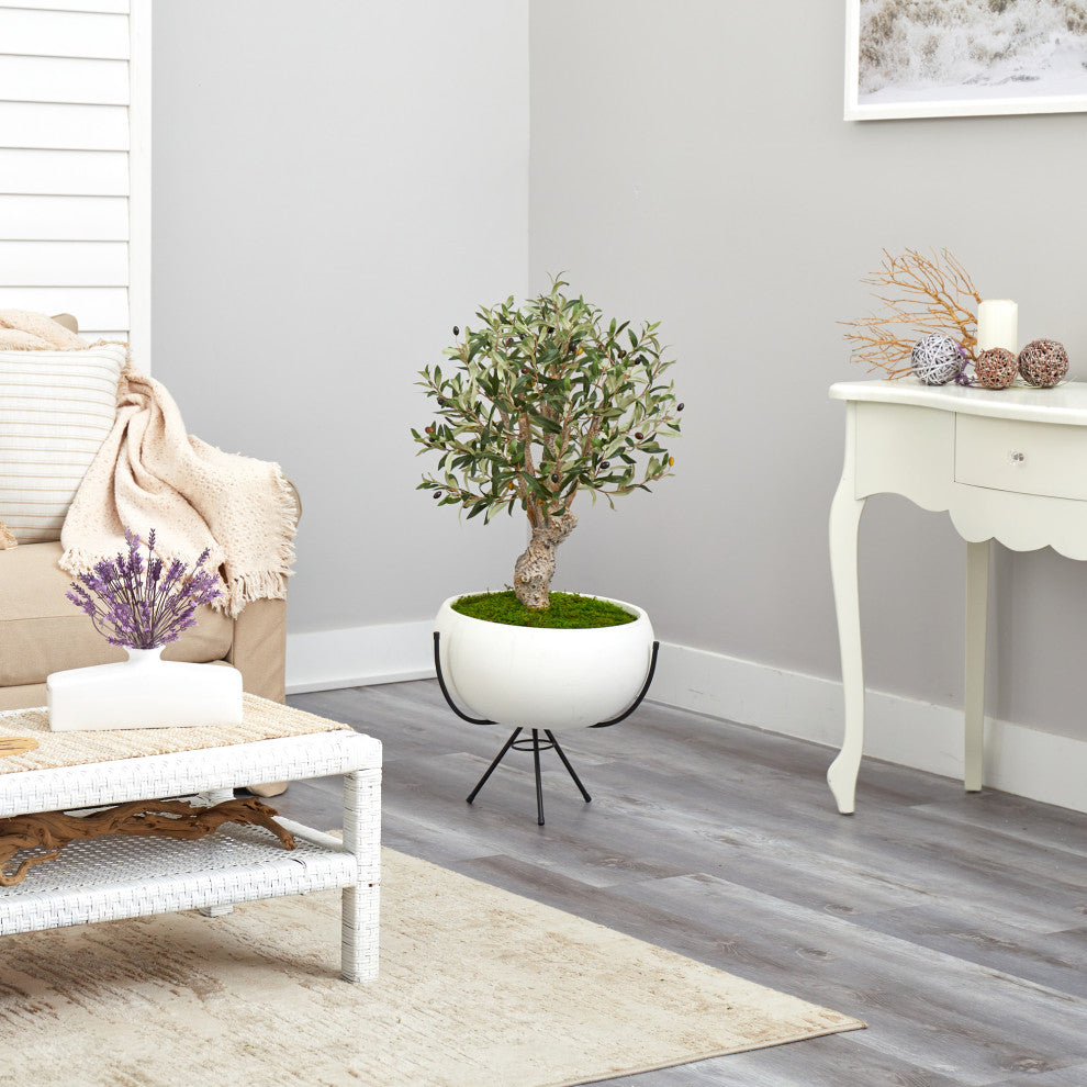 3'' Olive Artificial Tree, White Planter With Metal Stand