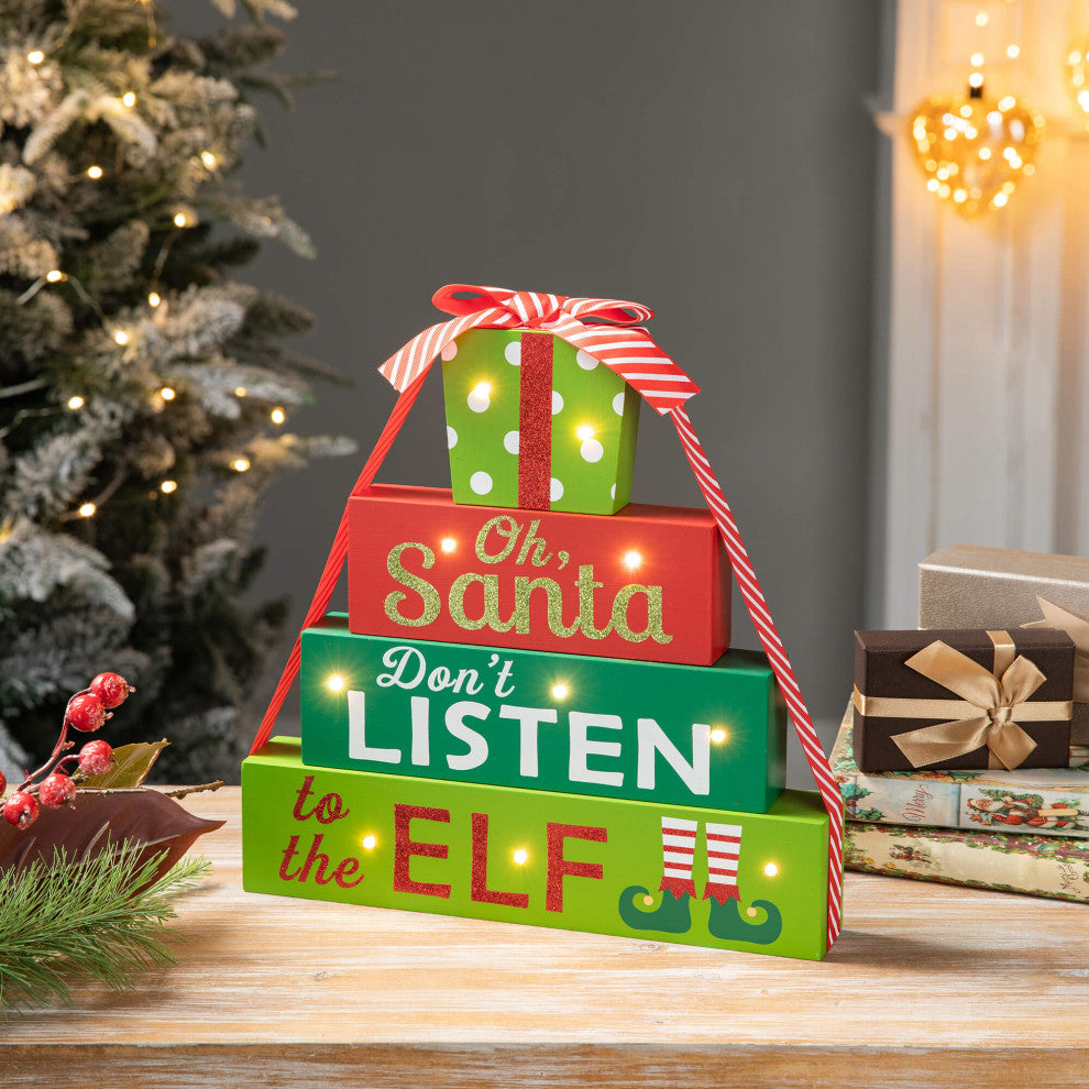 12"H Lighted Wooden Christmas Block Table Decor, Gift Box