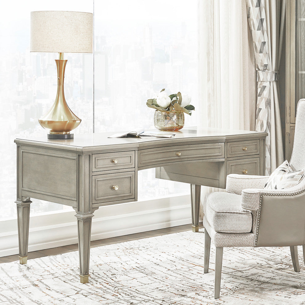 Dauphin Gold Accent 5-Drawer Wood Executive Desk, Gray Cashmere