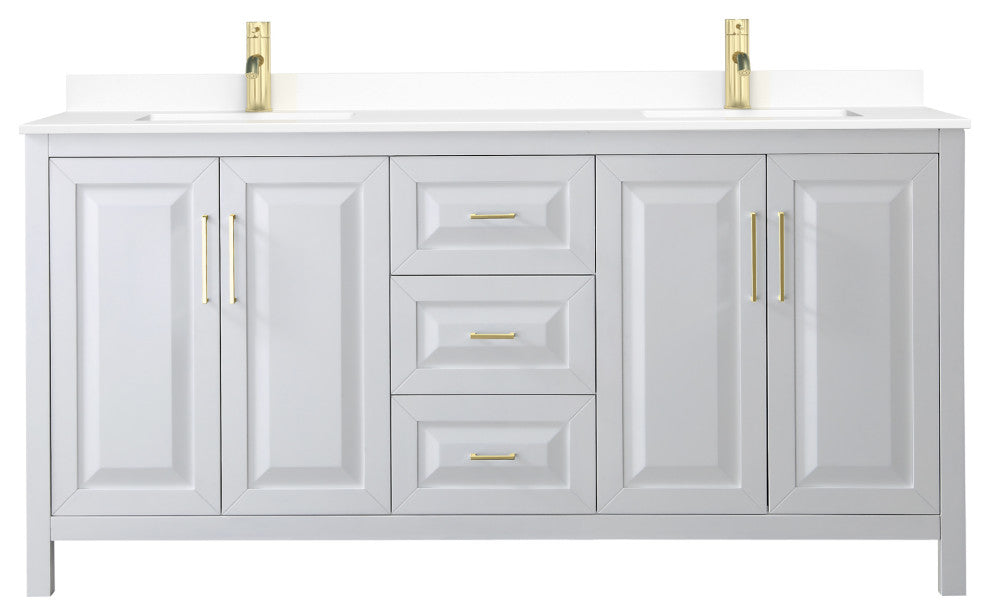 72"DBL Bath Vanity, White, White Cult. Marble Countertop, Sinks, Gold Trim