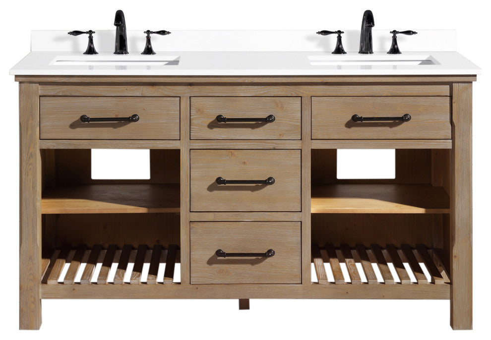 Lauren 60" Bathroom Vanity, Weathered Fir Finish, White Engineered Stone Counter