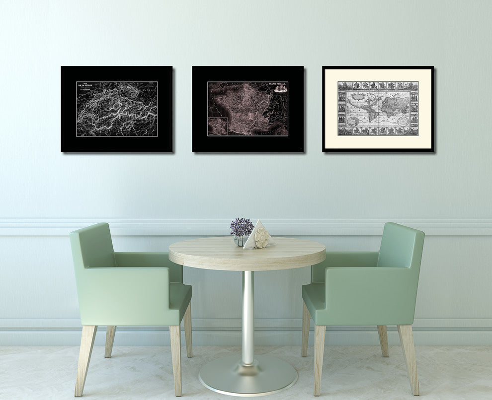 Switzerland Old Monochrome Map Print On Canvas With Black Frame, 16" X 21"