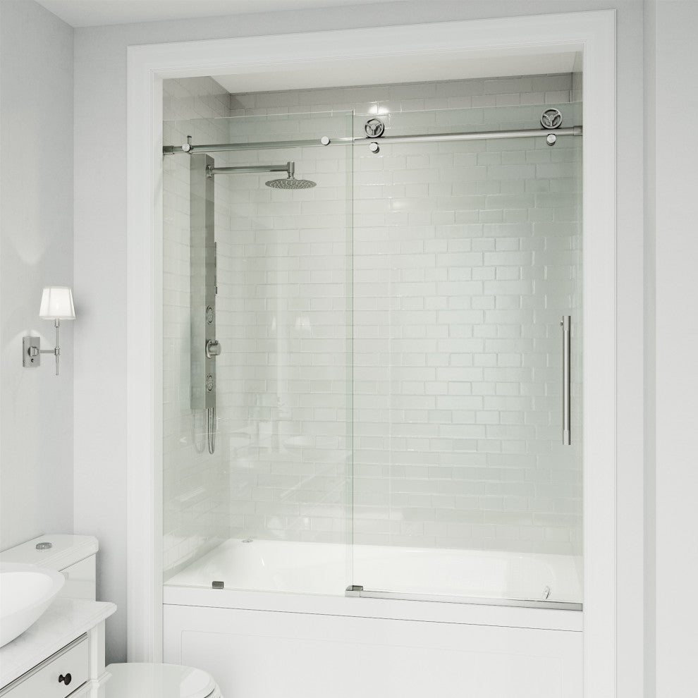 VIGO Elan Cass Aerodynamic 56" to 60" W x 66" H Frameless Sliding Tub Door, Stainless Steel, Clear Glass