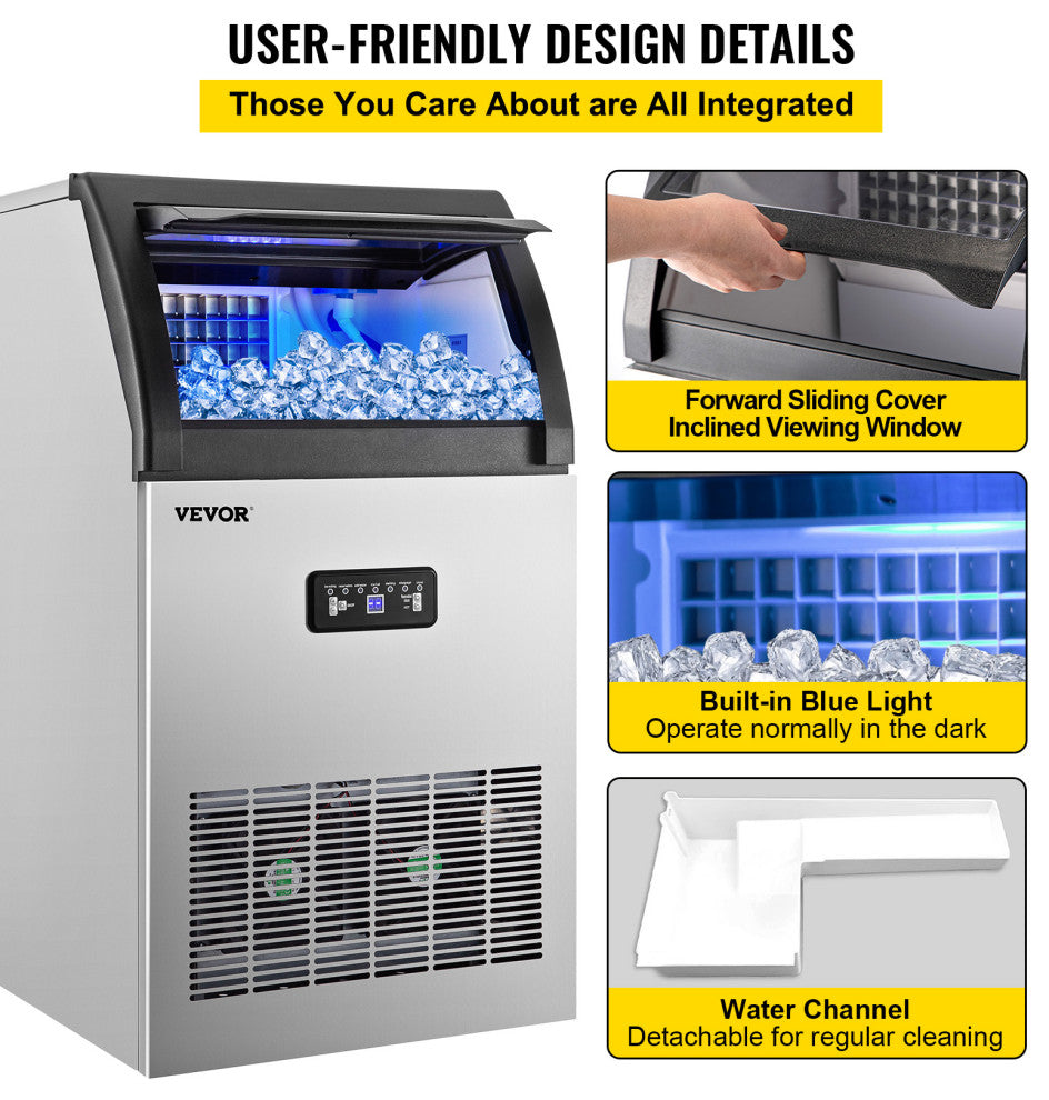 Vevor Commercial Ice Maker Machine Stainless Steel Ice Cube Maker, 121lb/24h