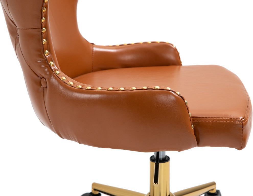Hendrix Swivel and Adjustable Vegan Leather Office Chair, Cognac, Rich Gold Base