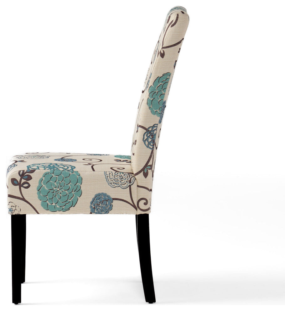 GDF Studio Percival White and Blue Floral Fabric Dining Chairs, Set of 2, White and Blue Floral, Fabric