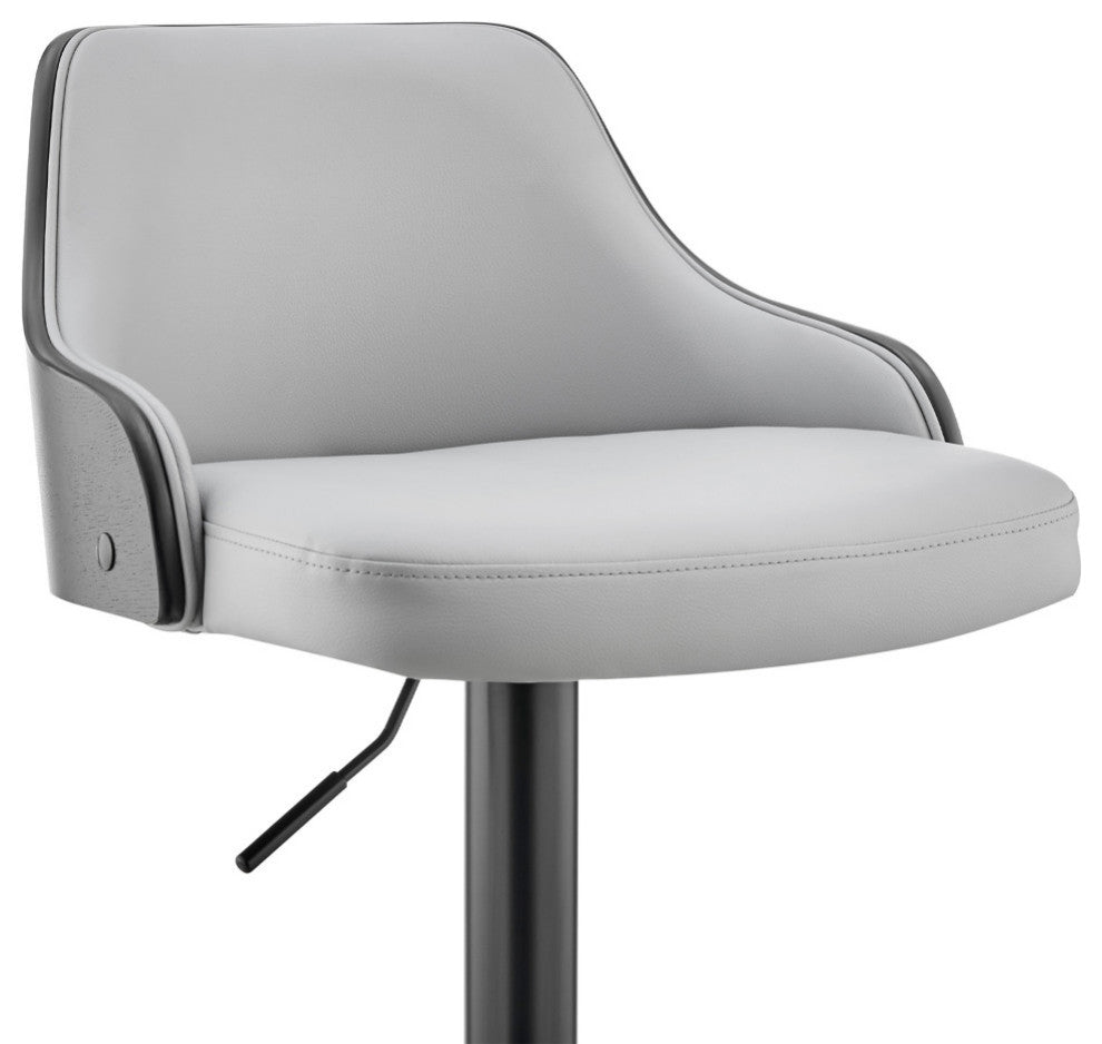 Asher Adjustable Faux Leather and Metal Bar Stool, Gray and Black