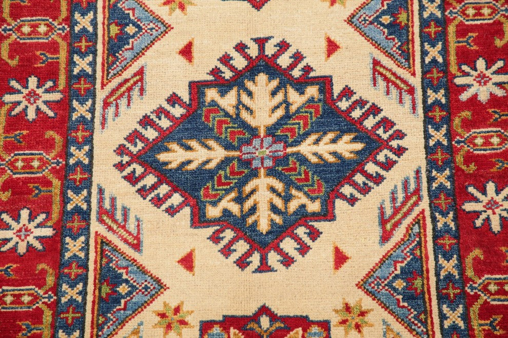 Traditional Hand-Knotted Oriental Pakistani Kazak Area Rug, Beige, 4'0"X2'8"
