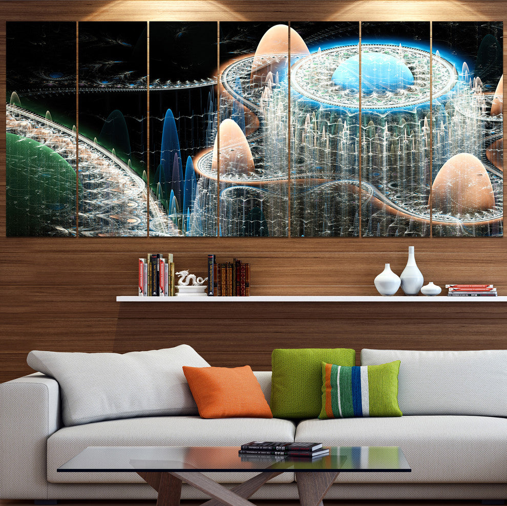 Blue Fractal Infinite World, Abstract Art on Canvas, 83"x32", 7 Panels