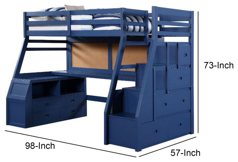 Benzara BM261743 Twin Loft Bed With 9 Drawers and Inbuilt Ladder, Blue