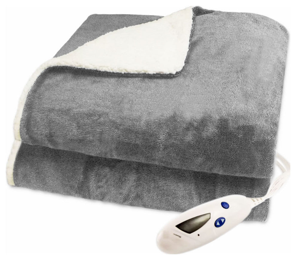 Pure Warmth Velour Sherpa Electric Heated Warming Throw Blanket Gray