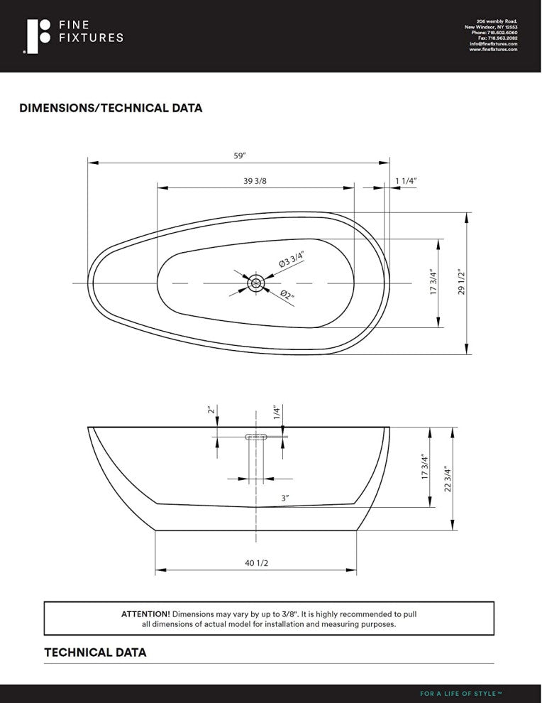 Fine Fixtures Capsule Freestanding Bathtub With Drain, White, 59"