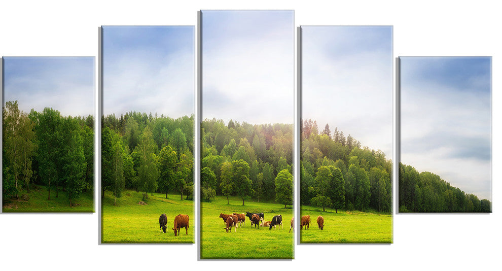 Cows on Field Panorama, Landscape Canvas Art Print, 60"x32", 5 Panels