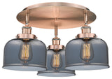 Bell-3 Light 20" Flush Mount-Antique Copper, Plated Smoke Glass Shade