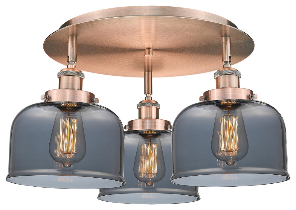 Bell-3 Light 20" Flush Mount-Antique Copper, Plated Smoke Glass Shade