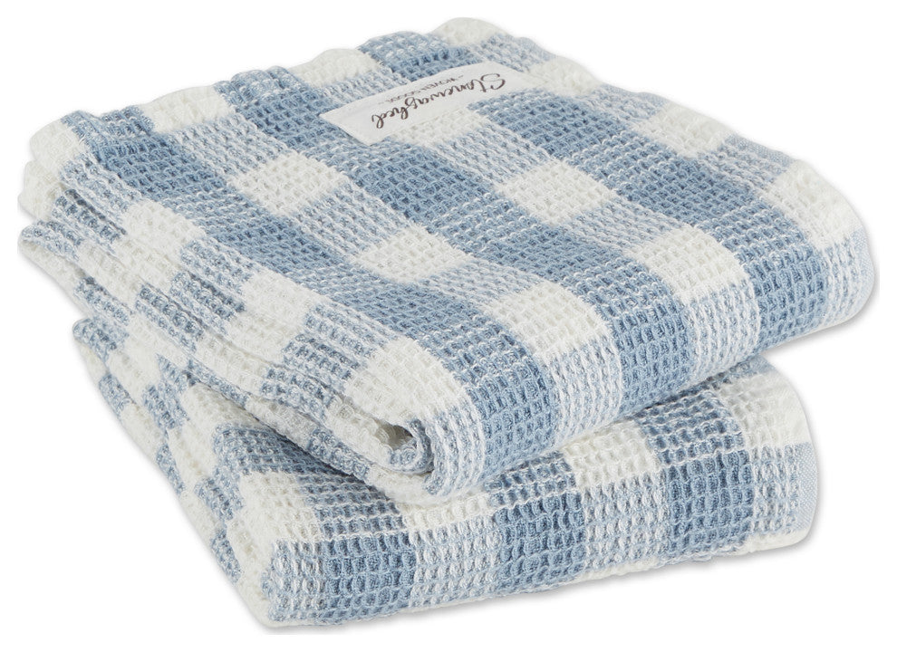 Dusty Blue Checker Washed Waffle Dishtowel (Set of 2)