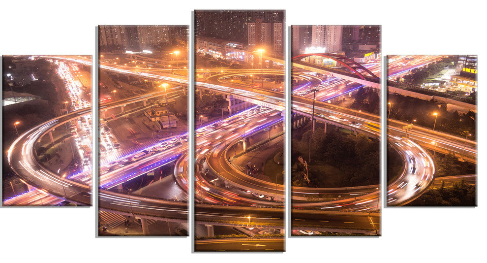 Beautiful Shanghai Traffic, Gold, Extra Large Canvas Print, 60"x32", 5 Panels
