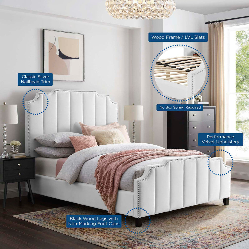 Platform Bed Frame, Queen Size, Velvet, White, Modern Contemporary, Bedroom