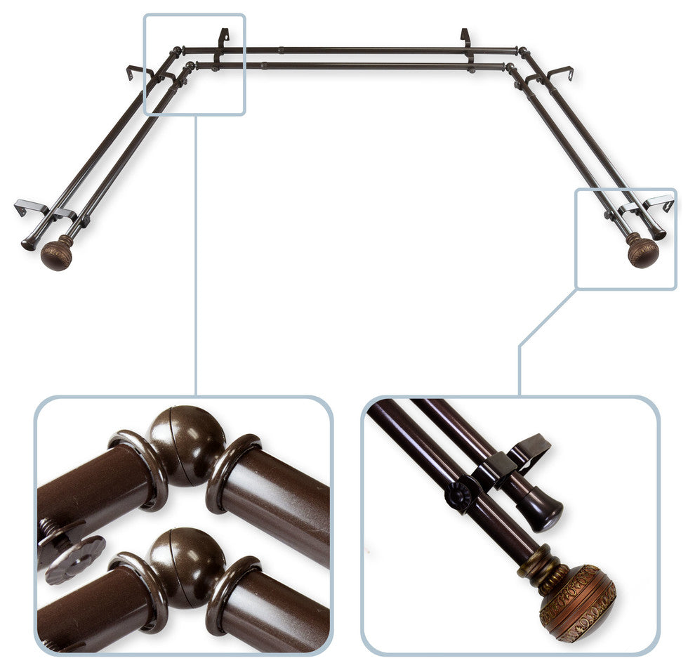 Ornament Bay Window Double Curtain Rod, Cocoa
