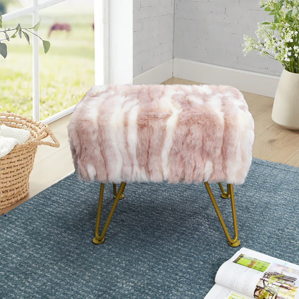 Soft Faux Fur Ottoman Fuzzy Entryway Bench Seat, Pink, 19"x13"x17"
