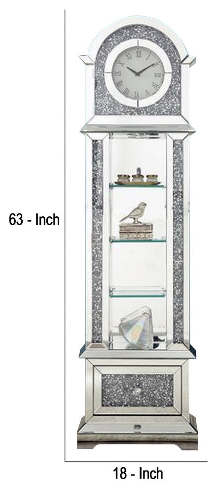 Benzara BM269093 Mirrored Grandfather Clock With 4 Compartments, Silver
