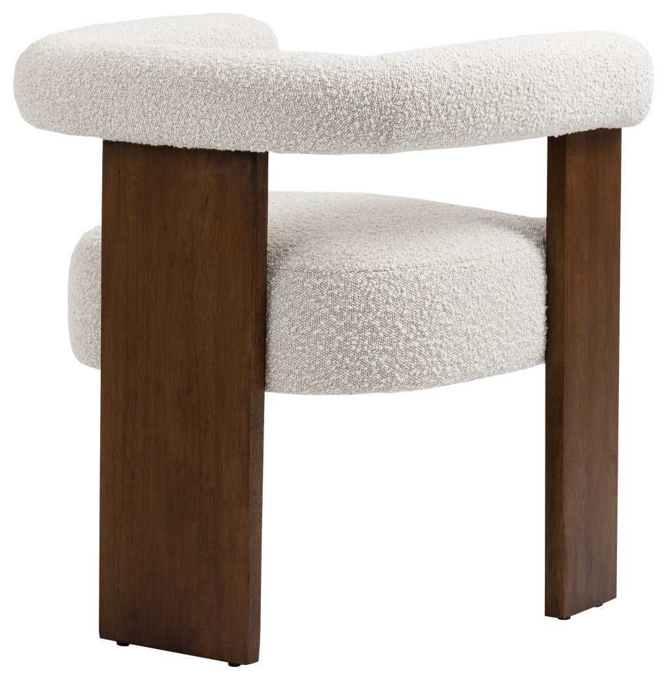 Barrel Boucle Fabric Upholstered Dining Chair, Cream, Walnut Finish
