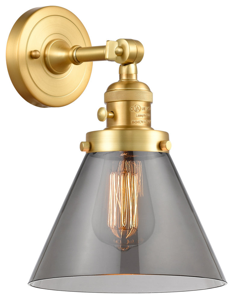 Cone Sconce With Switch, Satin Gold, Plated Smoke
