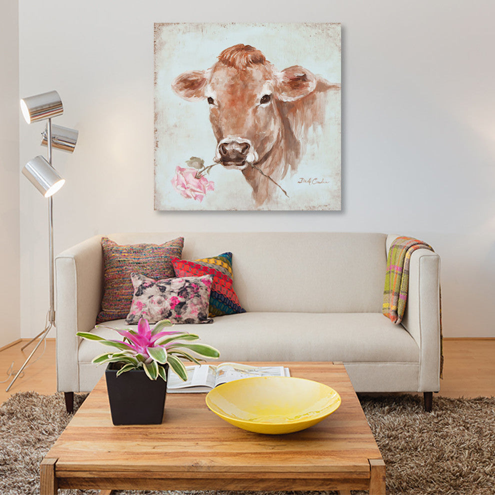 "Cow With Rose" by Debi Coules, Canvas Print, 18"x18"