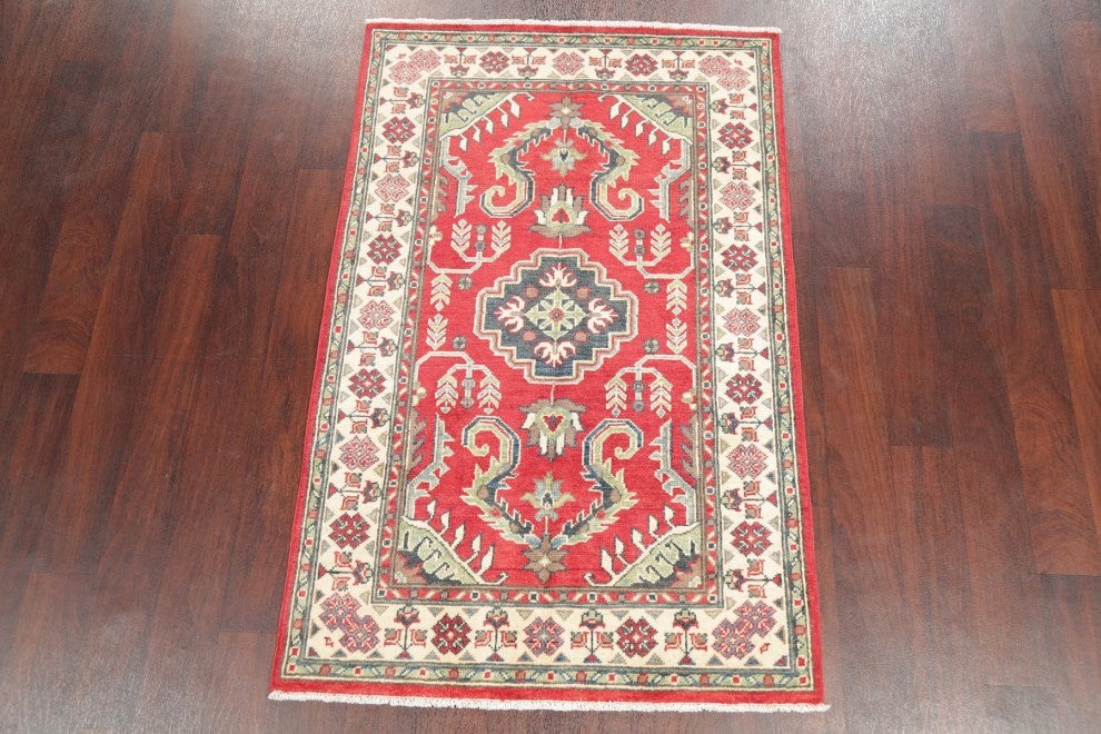Hand Made Kazak Oriental Traditional Pakistani Area Rug, Red, 4'11"x3'3