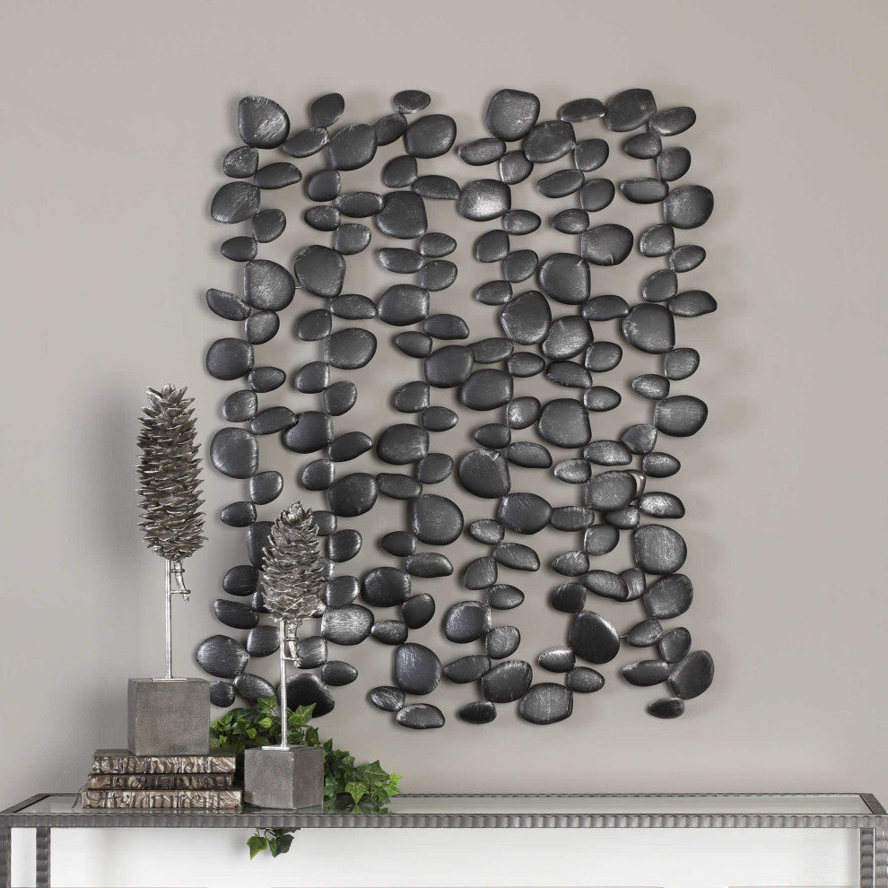 Abstract Iron Open Wall Art Panel, River Stones Charcoal Black Skipping Rocks