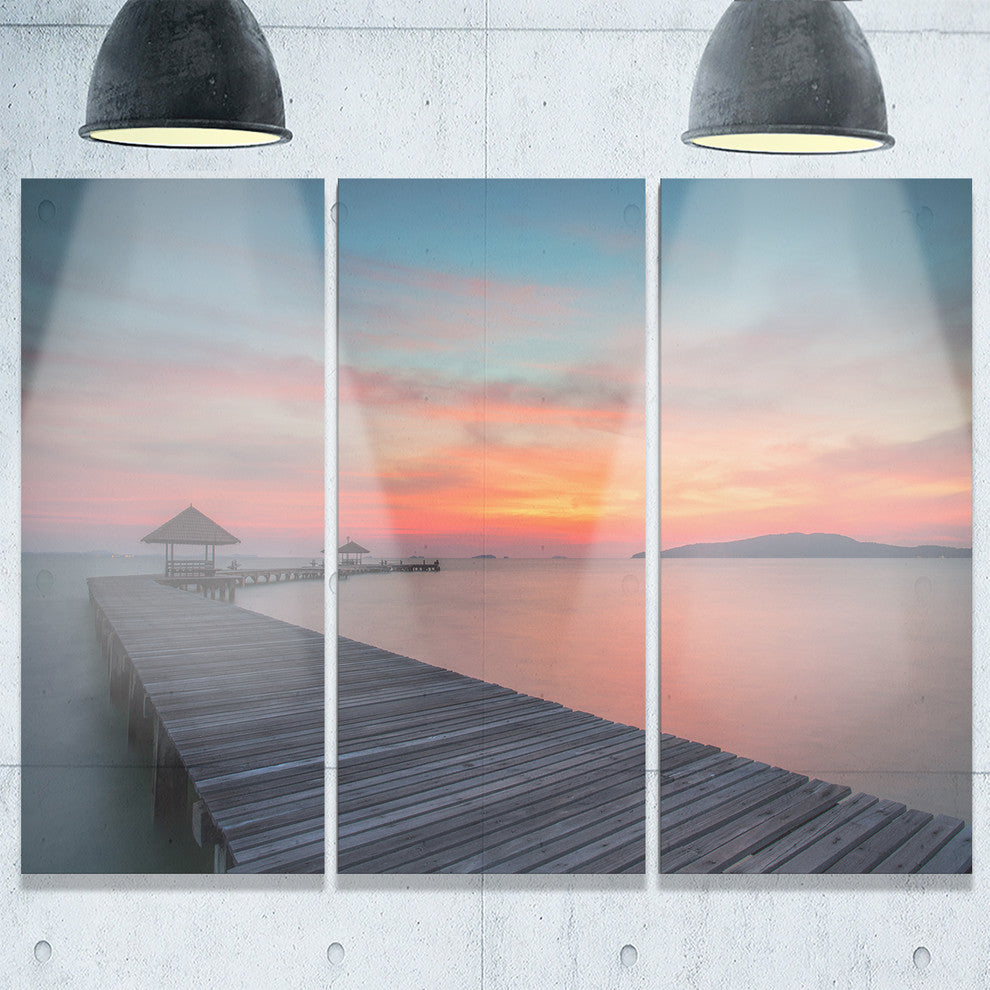 "Gloomy Seashore With Long Wood Pier" Sea Pier Metal Wall Art, 3 Panels, 36"x28"