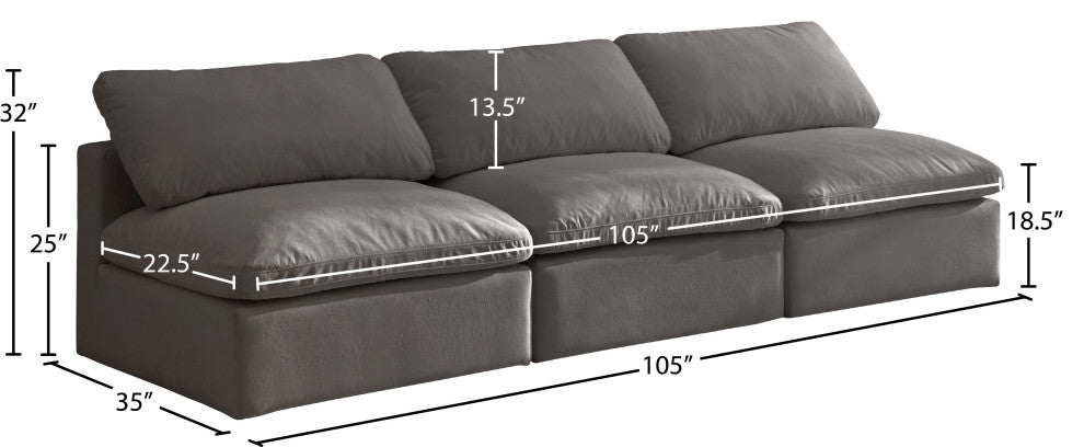Plush Velvet / Down Standard Comfort Modular Sofa, Gray, 3-Piece: 3 Armless Chair