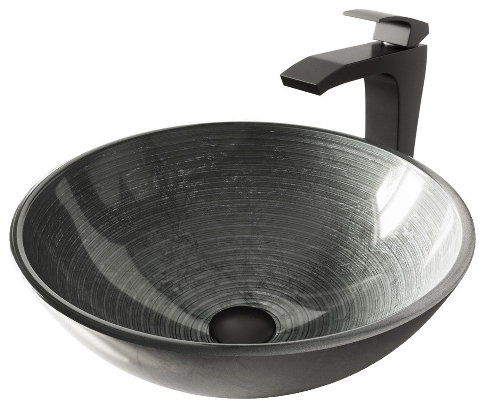 VIGO Simply Silver Glass Vessel Sink and Blackstonian Faucet Set, Matte Black