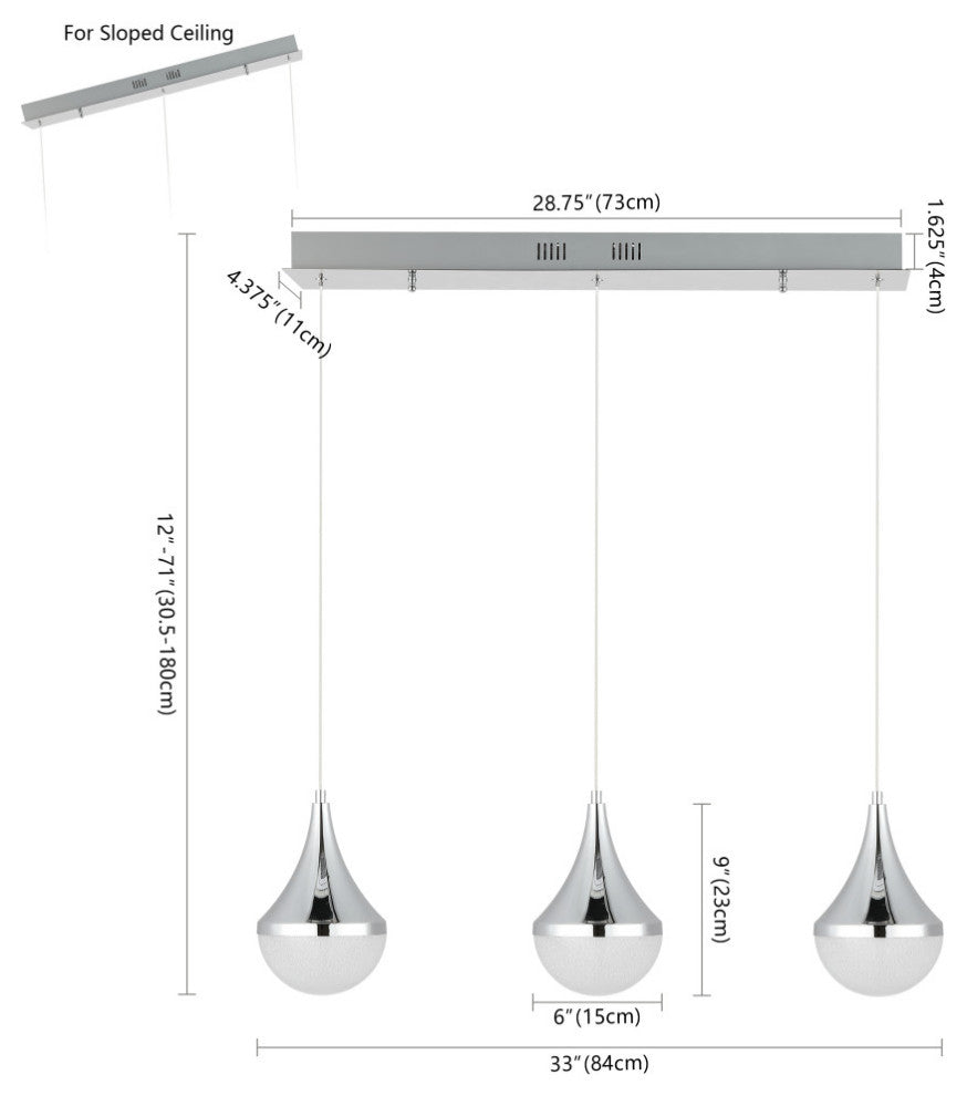Elyse Teardrop 3-Light Iron/Acrylic Linear Pendant, Chrome/White, Width: 33"