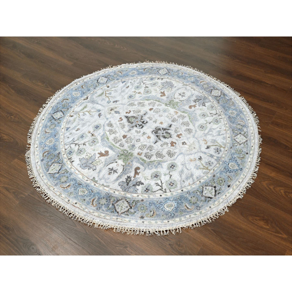 Chrome Denser Weave Oushak Soft Wool Hand Knotted Round Rug, 5'x5'