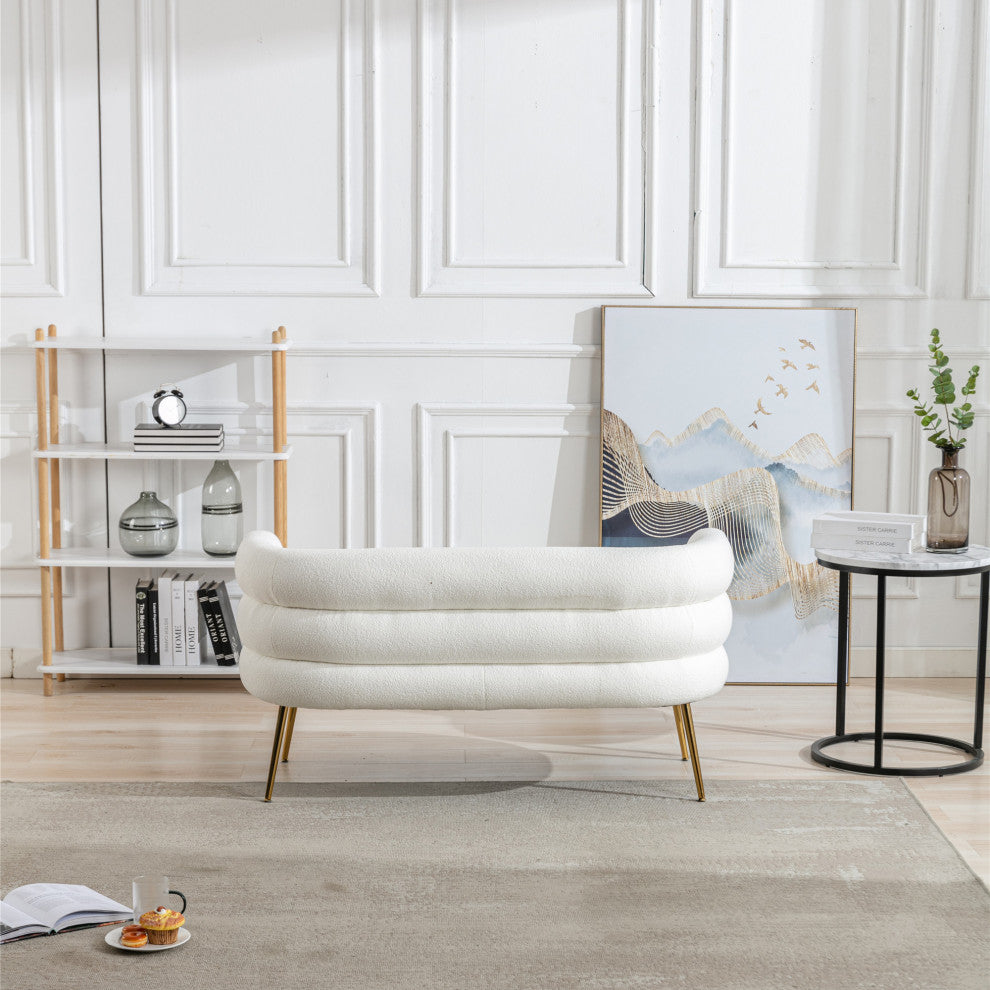 53" Round Arm Settee with Metal Legs, White, 53"