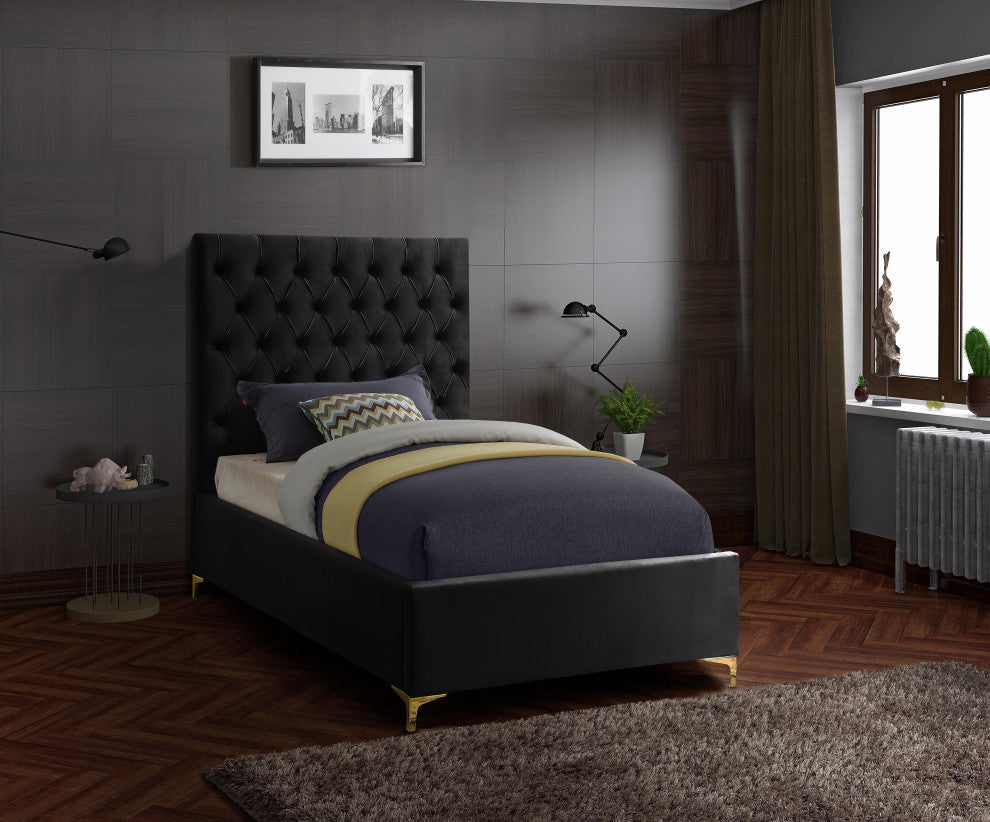 Cruz Velvet Upholstered Bed, Black, Twin
