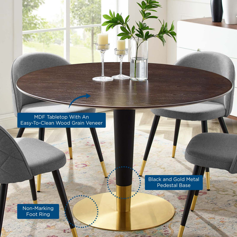 Dining Table, Round, Wood, Metal, Gold Dark Brown Brown Walnut, Modern, Bistro