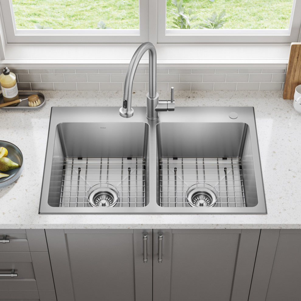 KRAUS Fairlane 33" Drop, / Top Mount 2-Bowl Stainless Steel Kitchen Sink