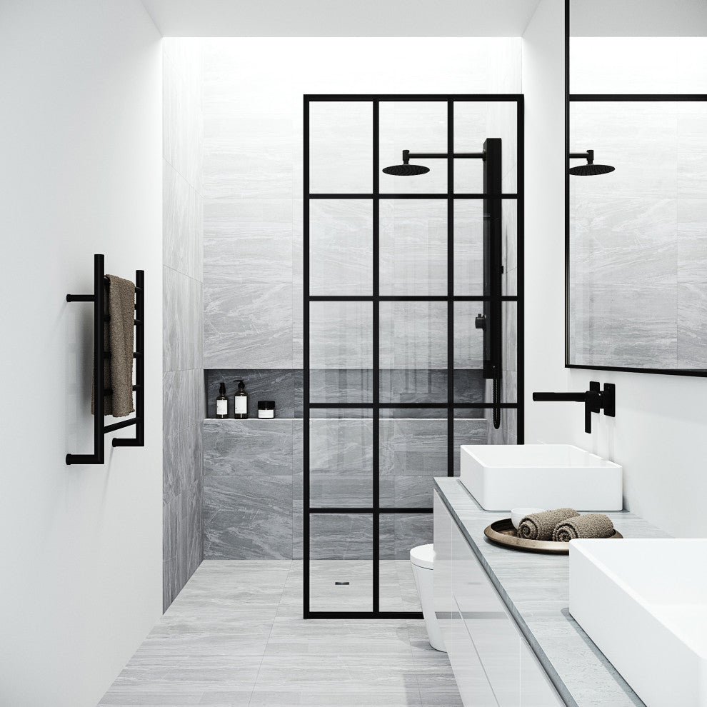 VIGO Mosaic Framed Fixed, Matte Black, Shower Screen, 34" W X 74" H, Clear Glass