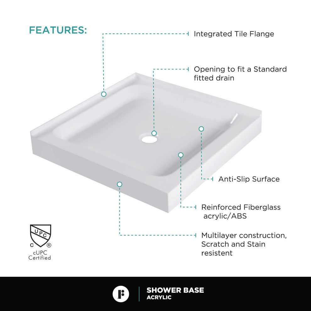 Fine Fixtures Double Threshold Acrylic Shower Base, 30 X 30, Universal