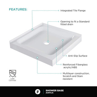 Fine Fixtures Double Threshold Acrylic Shower Base, 30 X 30, Universal