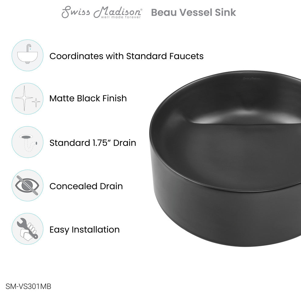 Beau 16.5" Round Vessel Bathroom Sink, Matte Black