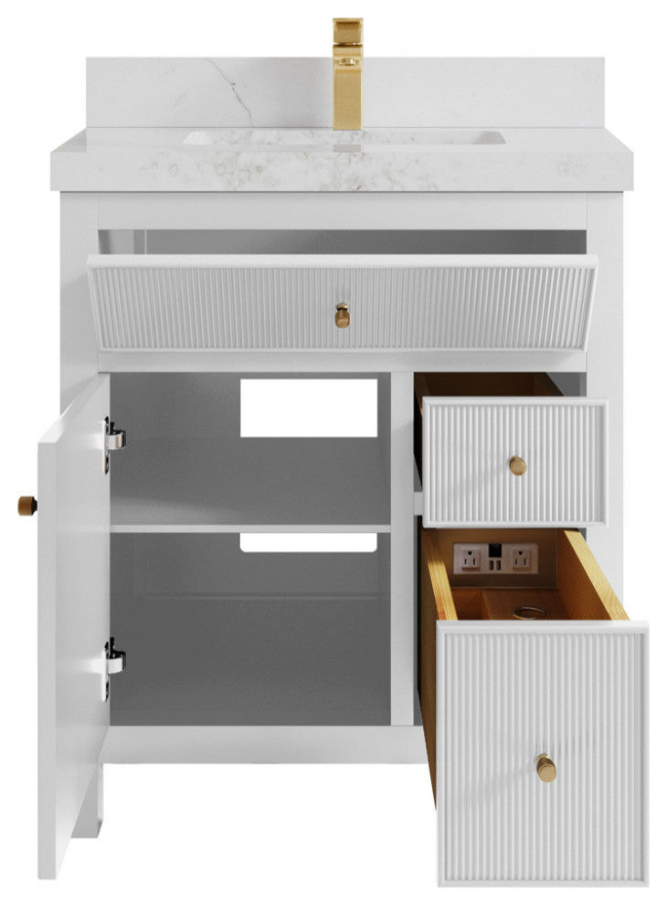 Sonoma 30 Single Sink Reeded Bath Vanity in White 2" Calacatta Nuvo
